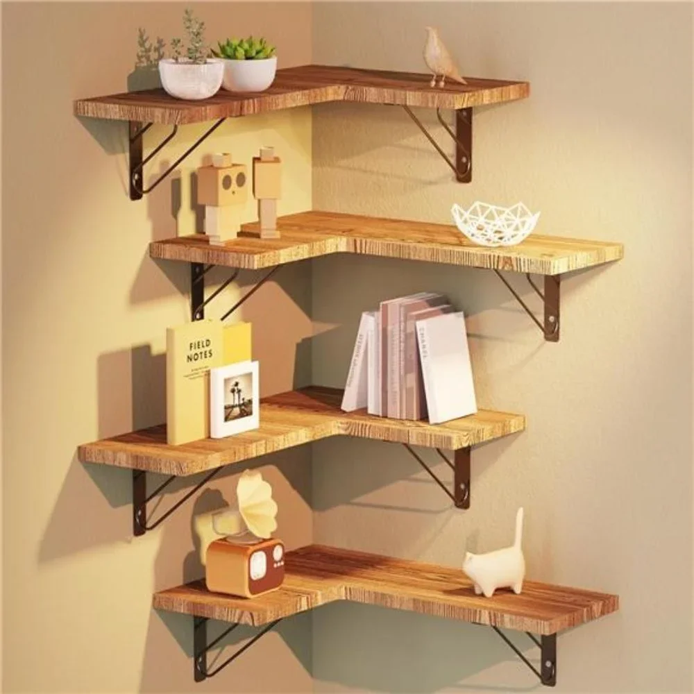 Wood Corner Floating Shelves Set of 4, Wall Mounted Shelves Rustic Brown
